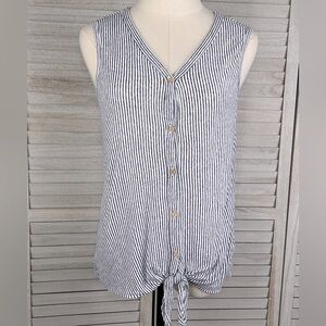 RACHEL ZOE 100% Linen Button Front Tie Bottom Tank Top Blue/White Stripe-Large